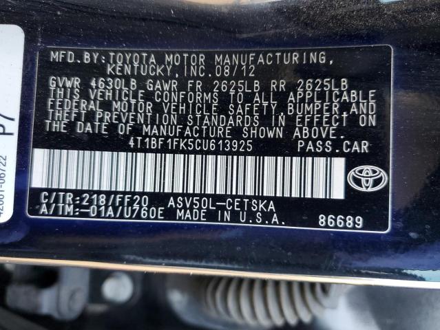 4T1BF1FK5CU613925 - 2012 TOYOTA CAMRY BASE BLACK photo 13