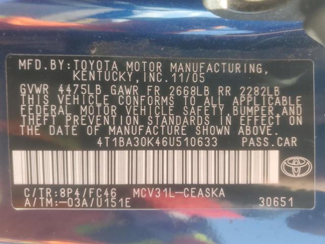 4T1BA30K46U510633 - 2006 TOYOTA CAMRY SE ლურჯი ფოტო 12