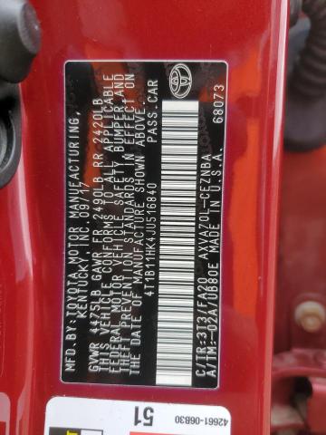 4T1B11HK4JU516840 - 2018 TOYOTA CAMRY L 勃艮第红 照片 12