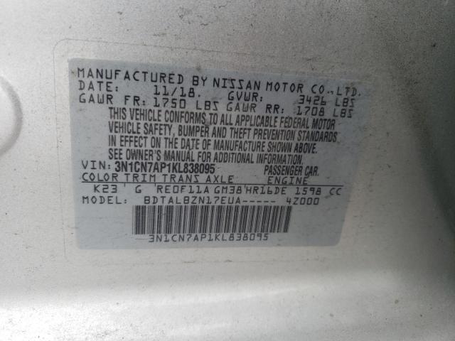 3N1CN7AP1KL838095 - 2019 NISSAN VERSA S SILVER photo 12