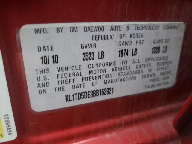 KL1TD5DE3BB162921 - 2011 CHEVROLET AVEO LS 红色 照片 12