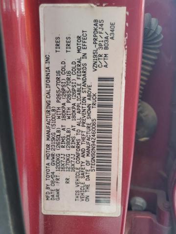 5TEGN92N94Z460065 - 2004 TOYOTA TACOMA DOUBLE CAB PRERUNNER BURGUNDY photo 12
