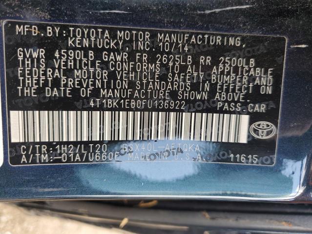 4T1BK1EB0FU136922 - 2015 TOYOTA AVALON XLE BLACK photo 12