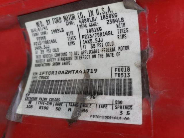 1FTCR10A2MTA41719 - 1991 FORD RANGER RED photo 12