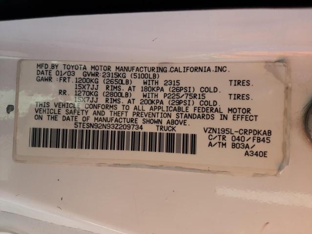 5TESN92N93Z209734 - 2003 TOYOTA TACOMA XTRACAB PRERUNNER თეთრი ფოტო 13