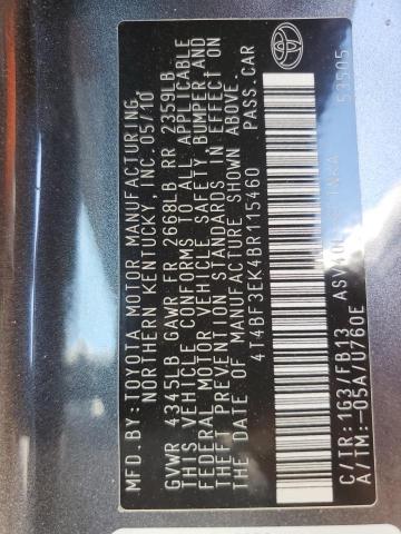 4T4BF3EK4BR115460 - 2011 TOYOTA CAMRY BASE 灰色 照片 12