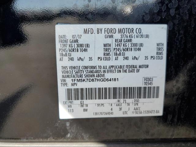 1FM5K7D87HGD64181 - 2017 FORD EXPLORER XLT 黑色 照片 14