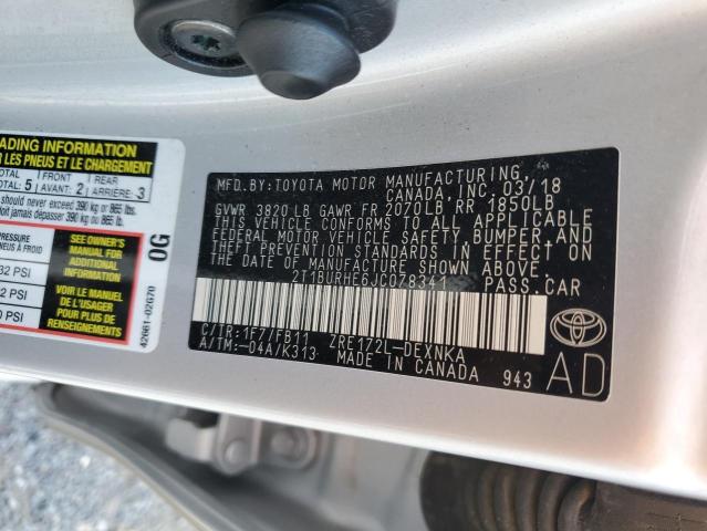 2T1BURHE6JC078341 - 2018 TOYOTA COROLLA L SILVER photo 12