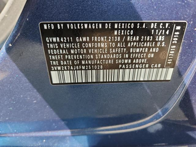 3VW2K7AJ6FM251028 - 2015 VOLKSWAGEN JETTA BASE 蓝色 照片 12