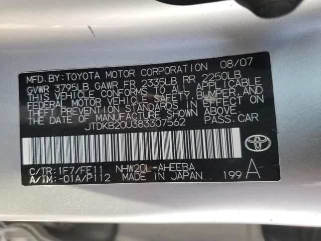 JTDKB20U383307562 - 2008 TOYOTA PRIUS SILVER photo 12