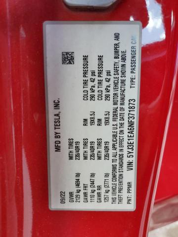 5YJ3E1EA6NF371873 - 2022 TESLA MODEL 3 წითელი ფოტო 12