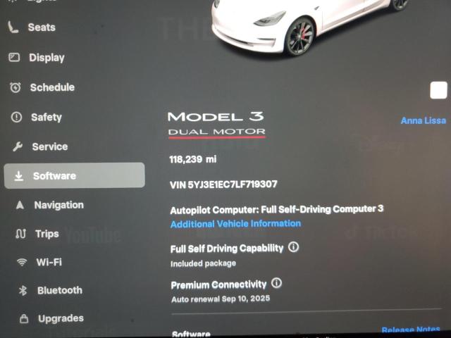 5YJ3E1EC7LF719307 - 2020 TESLA MODEL 3 თეთრი ფოტო 9