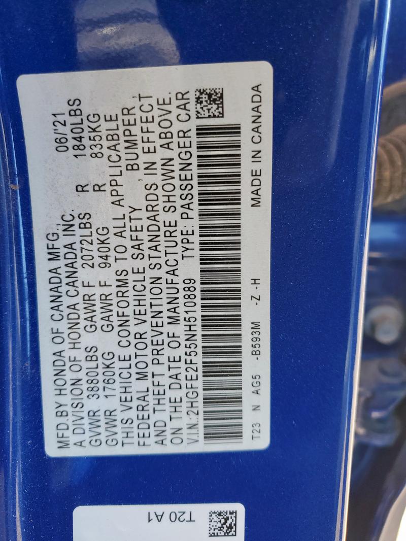 2HGFE2F55NH510889 - 2022 HONDA CIVIC SPORT BLUE photo 12