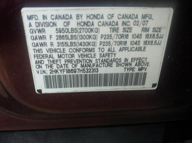 2HKYF18697H532313 - 2007 HONDA PILOT EXL MAROON photo 10