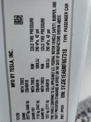 5YJ3E1EA6MF867318 - 2021 TESLA MODEL 3 白色 照片 12