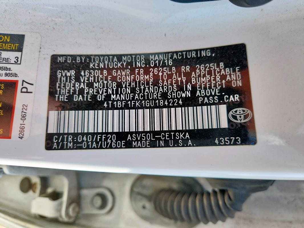 4T1BF1FK1GU184224 - 2016 TOYOTA CAMRY LE WHITE photo 12