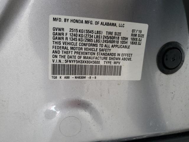 5FNYF5H3XKB045688 - 2019 HONDA PILOT EX 银色 照片 13