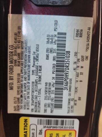 3FA6P0H97DR351038 - 2013 FORD FUSION SE BURGUNDY photo 12