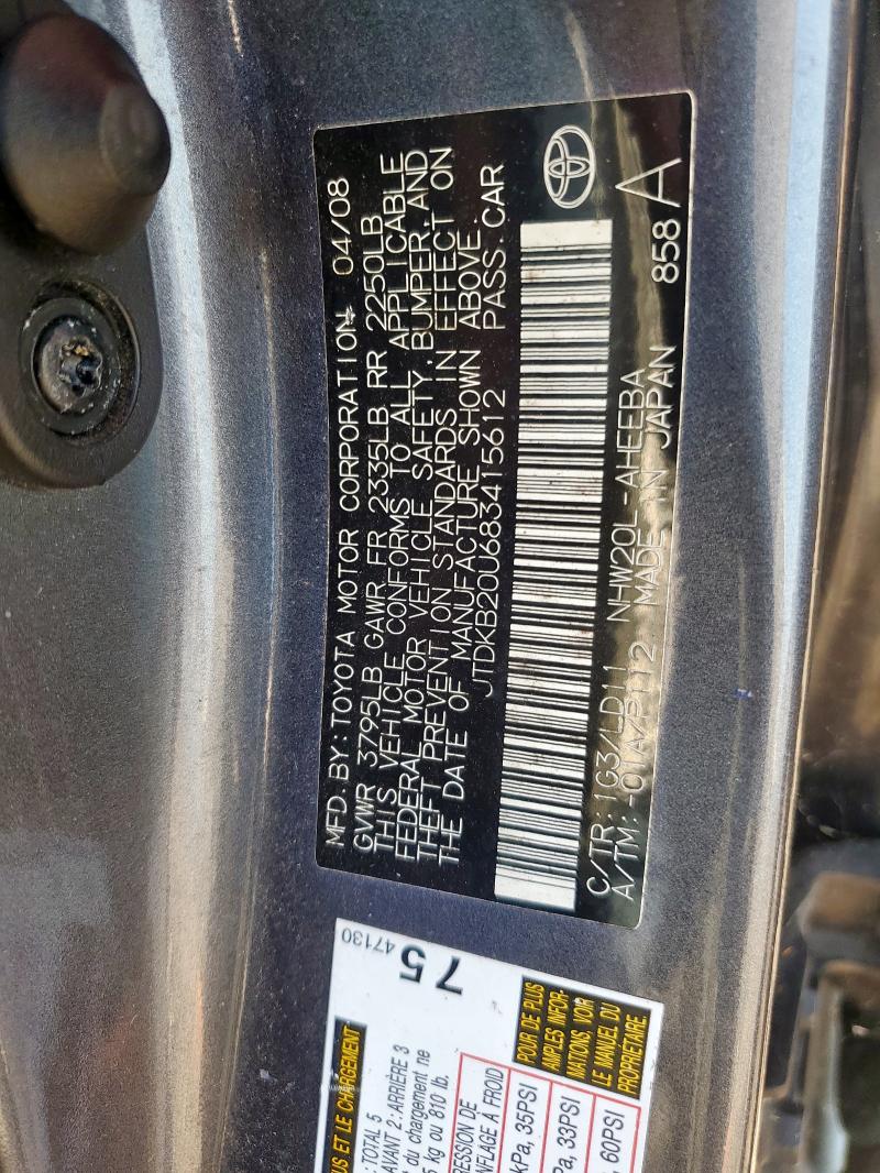 JTDKB20U683415612 - 2008 TOYOTA PRIUS GRAY photo 12