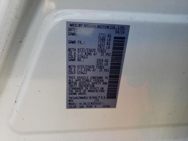 5N1AR2MN8EC696751 - 2014 NISSAN PATHFINDER S WHITE photo 13
