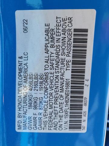 19XFL1H82NE016801 - 2022 HONDA CIVIC SPORT TOURING أزرق صورة 12