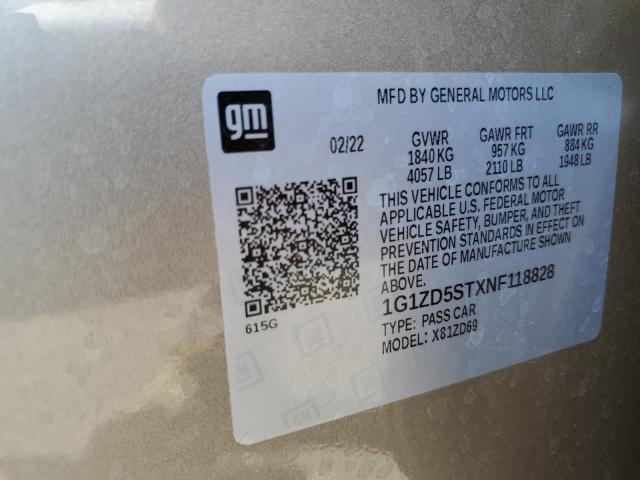 1G1ZD5STXNF118828 - 2022 CHEVROLET MALIBU LT TAN photo 12