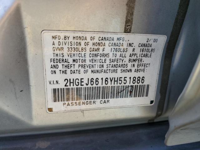 2HGEJ6616YH551886 - 2000 HONDA CIVIC BASE SILVER photo 12