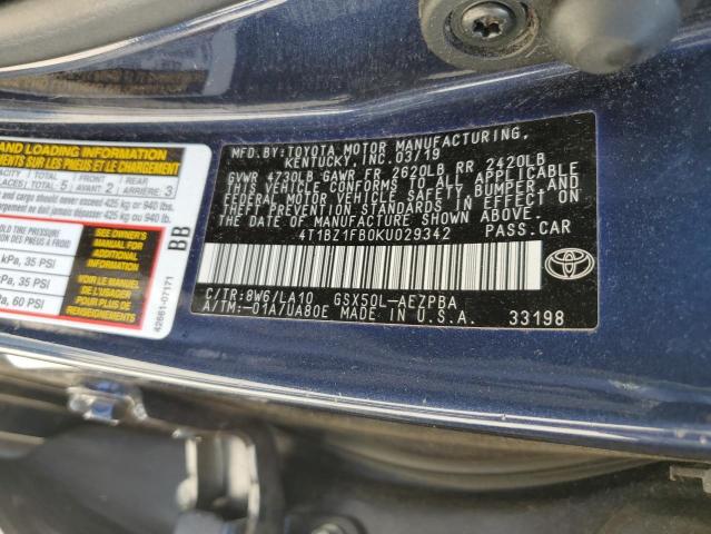 4T1BZ1FB0KU029342 - 2019 TOYOTA AVALON XLE ლურჯი ფოტო 12