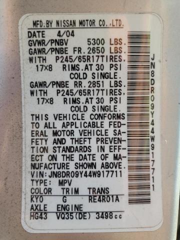 JN8DR09Y44W917711 - 2004 NISSAN PATHFINDER LE Сріблястий фото 14