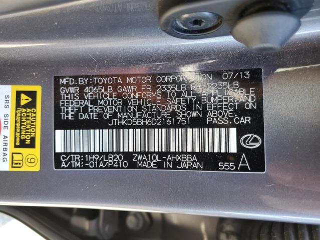 JTHKD5BH6D2161751 - 2013 LEXUS CT 200 CHARCOAL photo 12