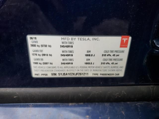 5YJSA1E2XJF261211 - 2018 TESLA MODEL S Կապույտ լուսանկար 12