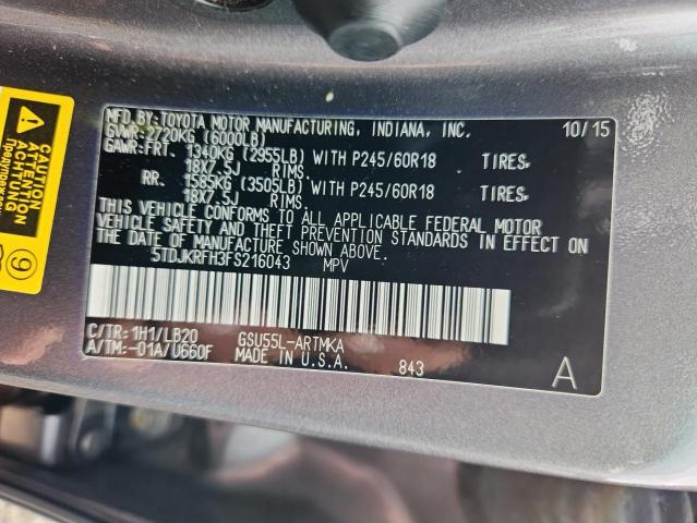 5TDJKRFH3FS216043 - 2015 TOYOTA HIGHLANDER XLE GRAY photo 13