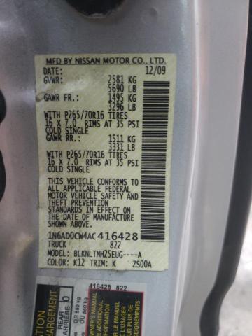 1N6AD0CW4AC416428 - 2010 NISSAN FRONTIER KING CAB SE SILVER photo 12