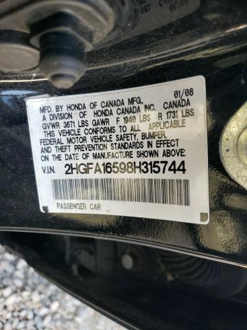 2HGFA16598H315744 - 2008 HONDA CIVIC LX BLACK photo 12