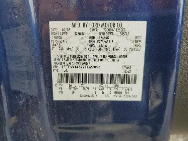 1FTPW14577FB27053 - 2007 FORD F-150 SUPERCREW BLUE photo 12