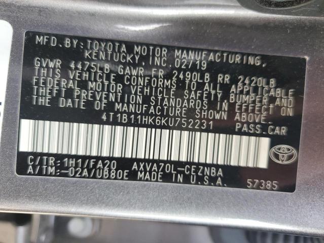 4T1B11HK6KU752231 - 2019 TOYOTA CAMRY L GRAY photo 12