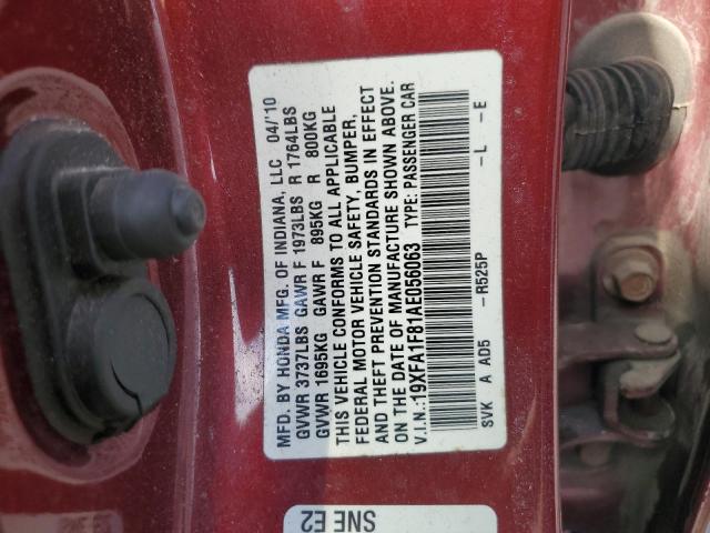 19XFA1F81AE056063 - 2010 HONDA CIVIC EX MAROON photo 12