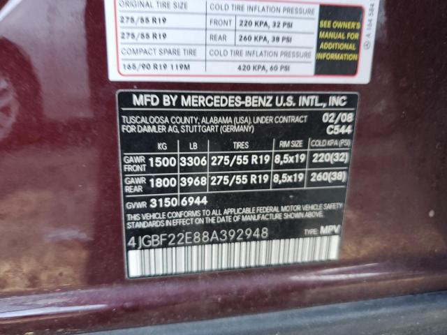 4JGBF22E88A392948 - 2008 MERCEDES-BENZ GL 320 CDI BURGUNDY photo 13