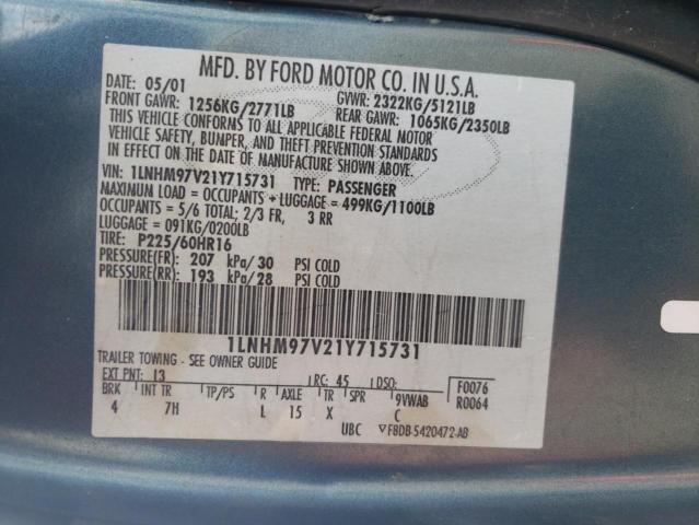 1LNHM97V21Y715731 - 2001 LINCOLN CONTINENTA BLUE photo 12