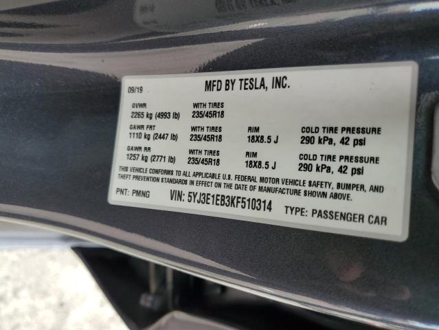 5YJ3E1EB3KF510314 - 2019 TESLA MODEL 3 Մոխրագույն լուսանկար 12