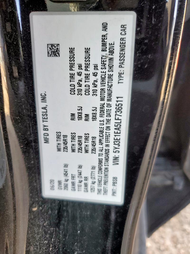 5YJ3E1EA5LF736511 - 2020 TESLA MODEL 3 BLACK photo 12