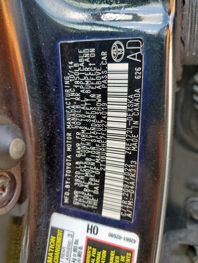 2T1BURHE7FC274019 - 2015 TOYOTA COROLLA L GRAY photo 13