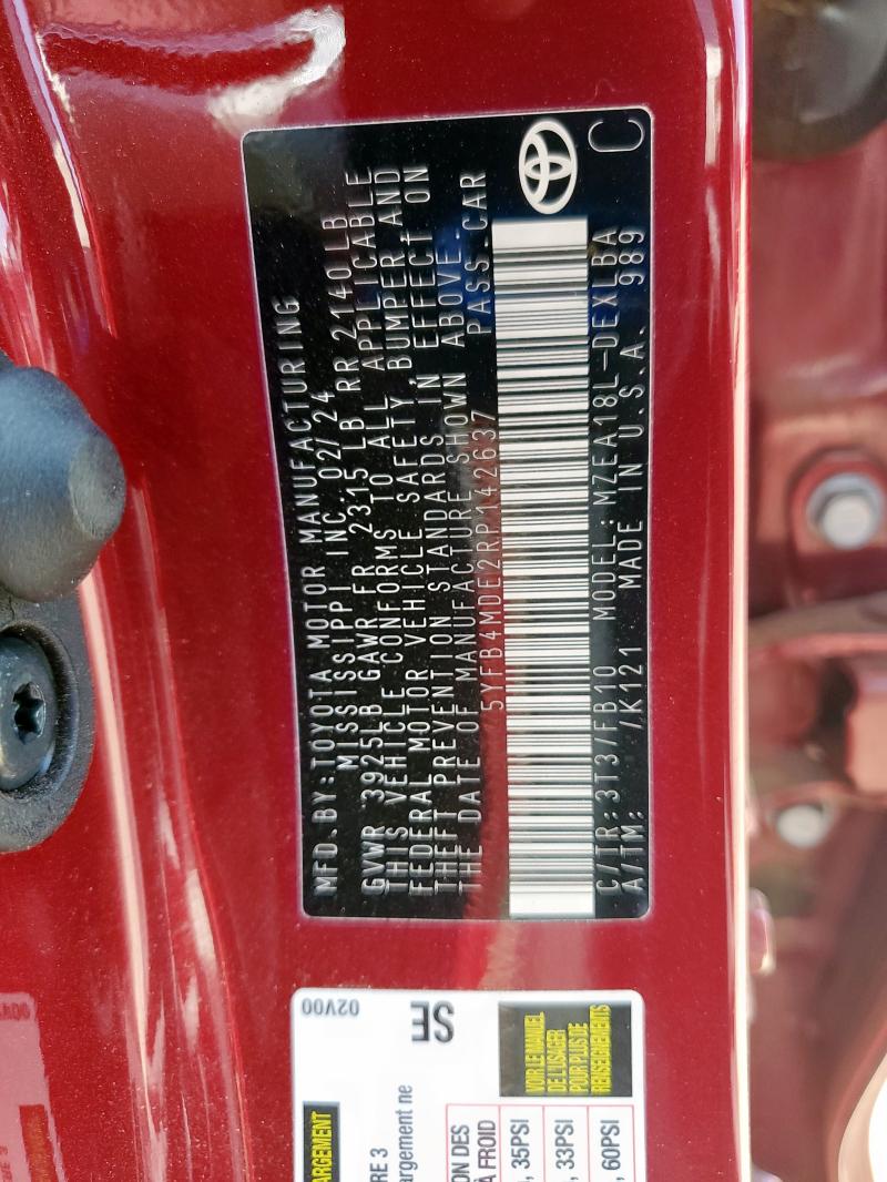 5YFB4MDE2RP142637 - 2024 TOYOTA COROLLA LE Qırmızı foto 12