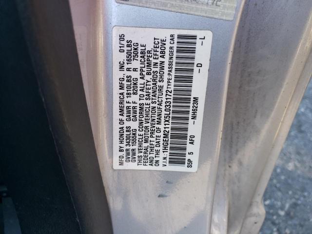 1HGEM211X5L033172 - 2005 HONDA CIVIC DX VP Gümüş foto 12