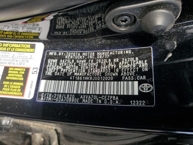 4T1B61HK8JU012020 - 2018 TOYOTA CAMRY XSE Czarny zdjęcie 12