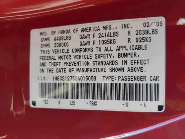 1HGCS12759A015058 - 2009 HONDA ACCORD EX RED photo 12