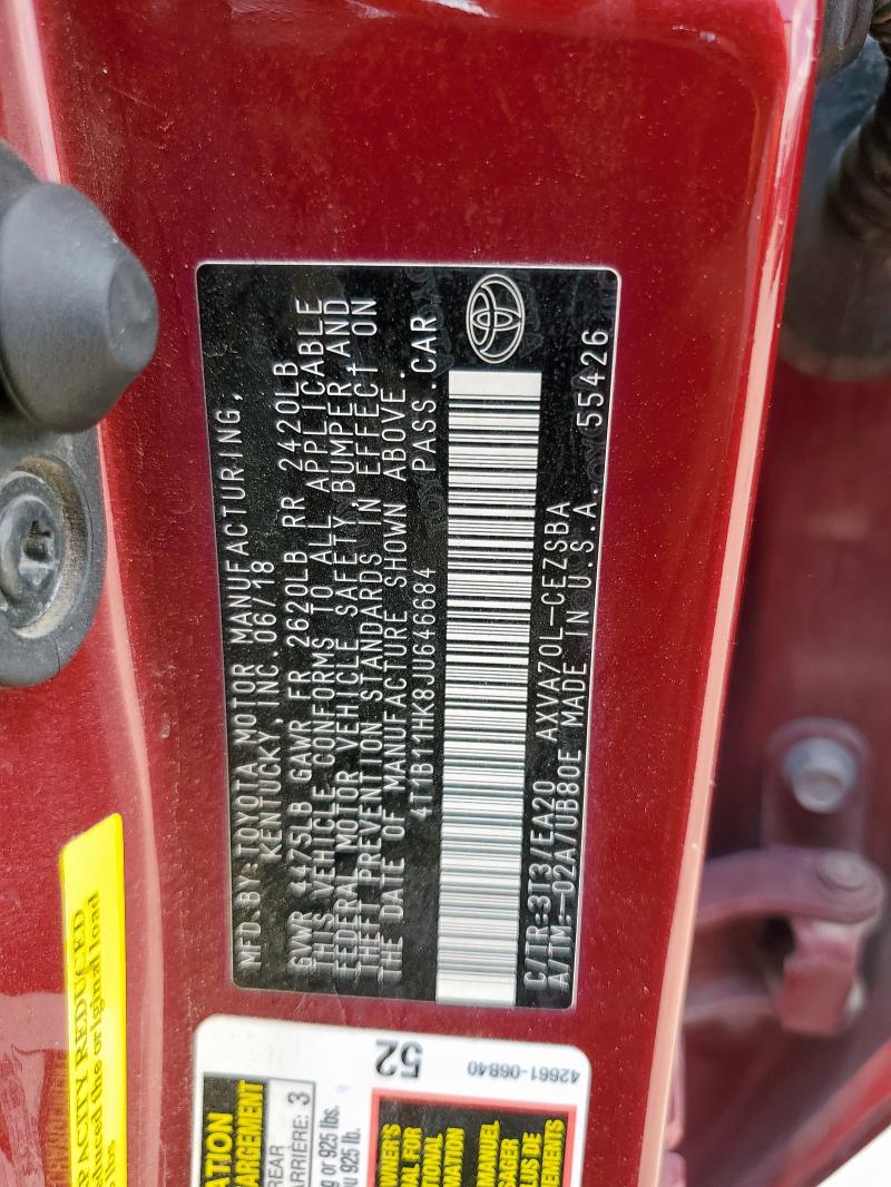 4T1B11HK8JU646684 - 2018 TOYOTA CAMRY L 红色 照片 12