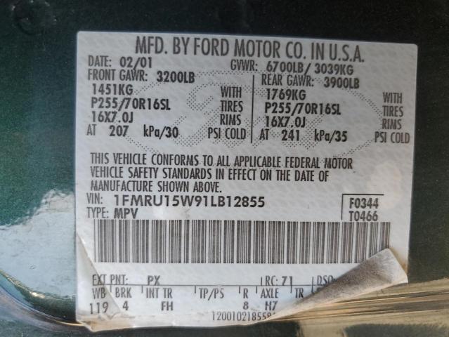 1FMRU15W91LB12855 - 2001 FORD EXPEDITION XLT GREEN photo 13