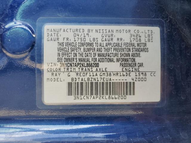 3N1CN7AP2KL866200 - 2019 NISSAN VERSA S BLUE photo 12