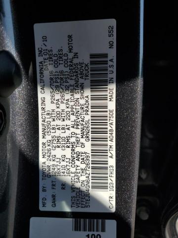 5TEJU4GN6AZ726397 - 2010 TOYOTA TACOMA DOUBLE CAB PRERUNNER CHARCOAL photo 12